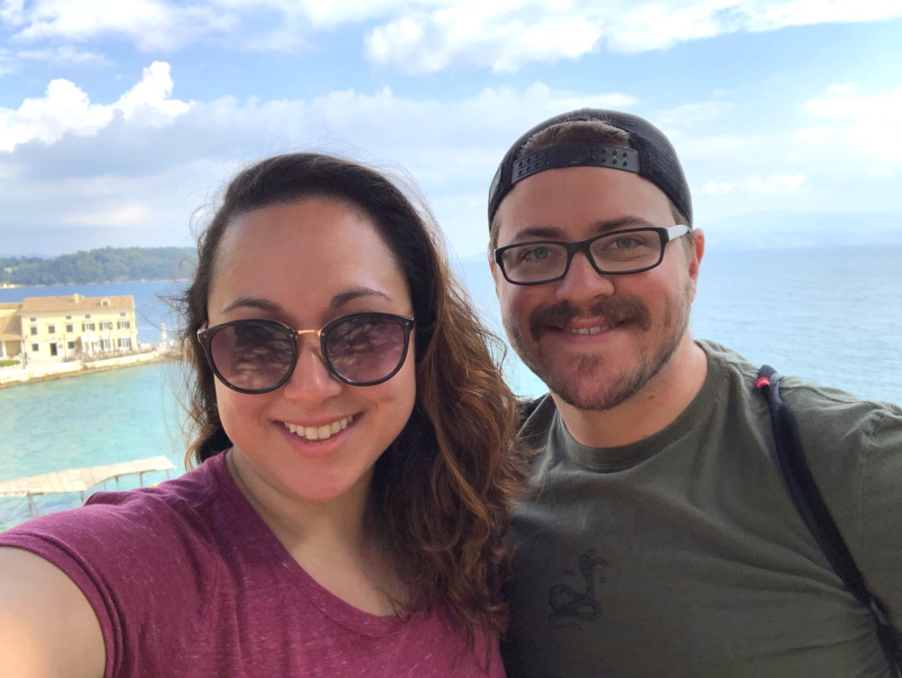 Selfie with Corfu, Greece and the ocean in the background